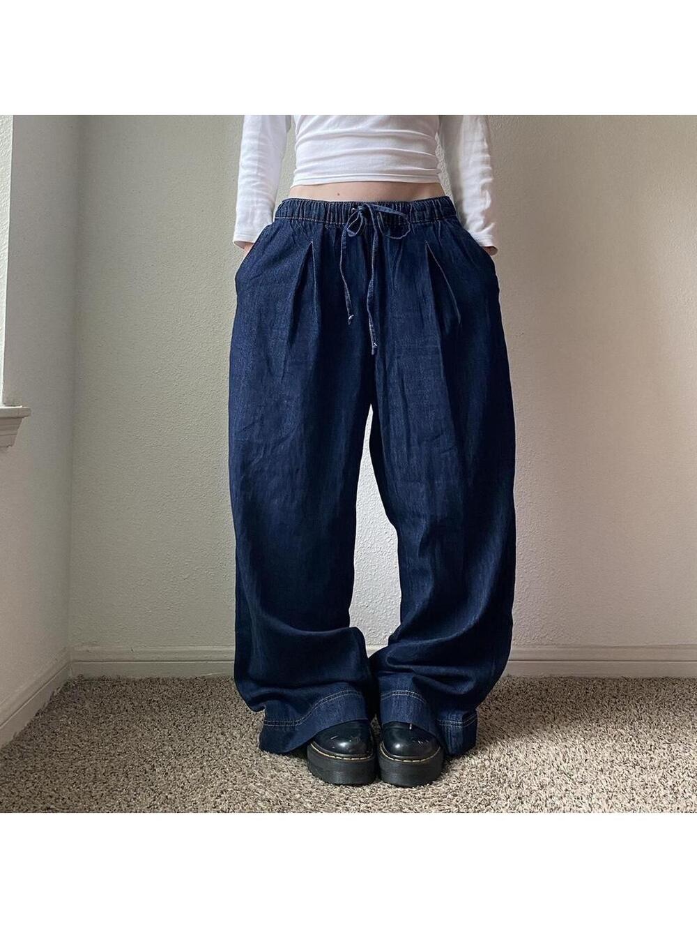 Pleated Low rise super wide leg flare long baggy dark wash denim blue jeans